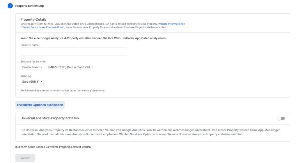 Erstellen einer Google Analytics 4 Property