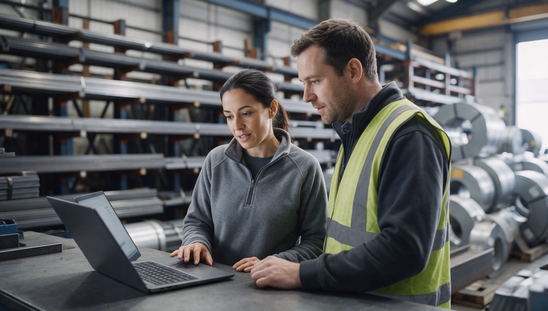 A buyer and a counter clerk at the trade counter of a steel stockholder, working through a requirement on a laptop, racked sections and coils behind them.