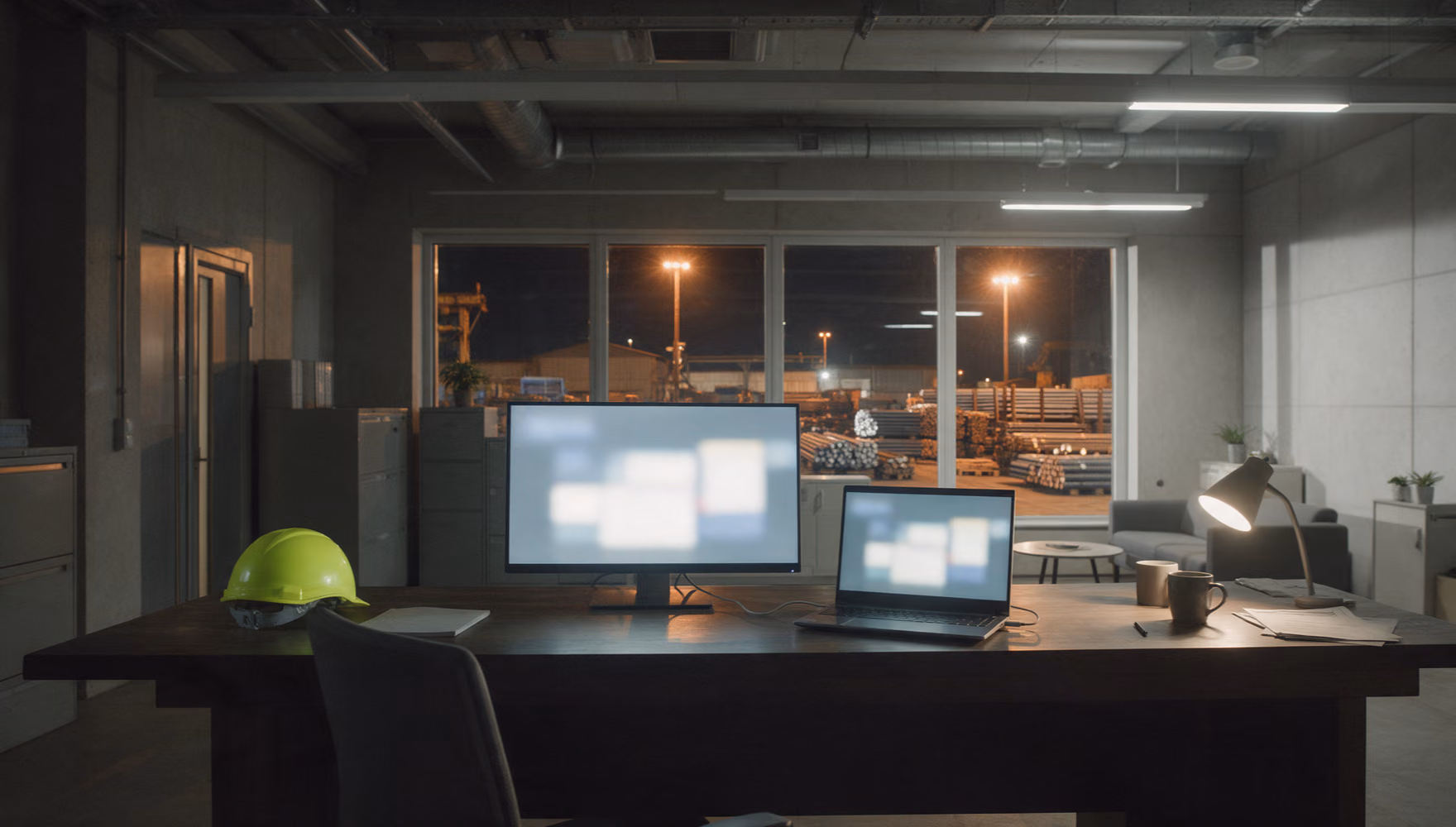 An empty sales office in the evening, a monitor and a docked laptop still awake, the lit steel yard outside the window.