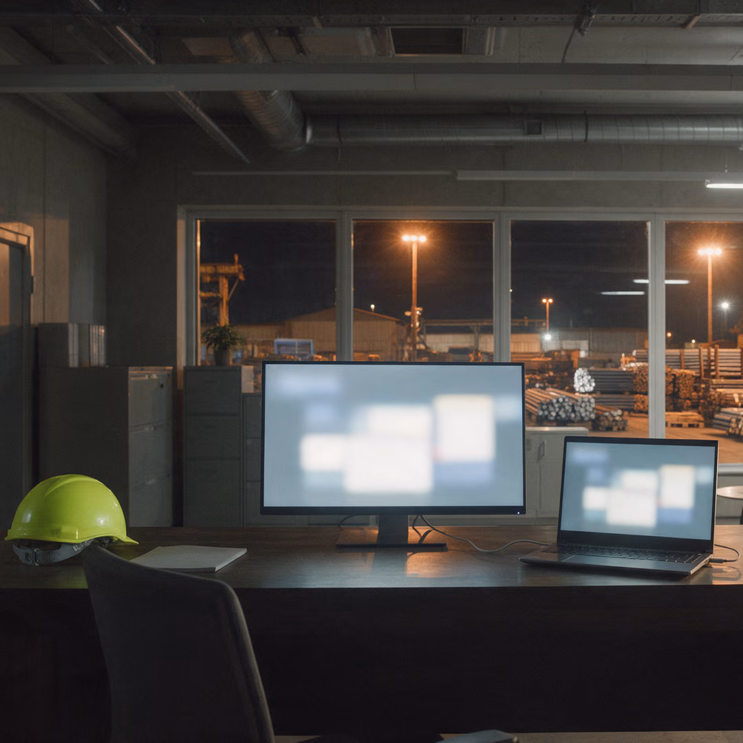 A monitor and a docked laptop awake on a desk at night, the lit steel yard behind the window.