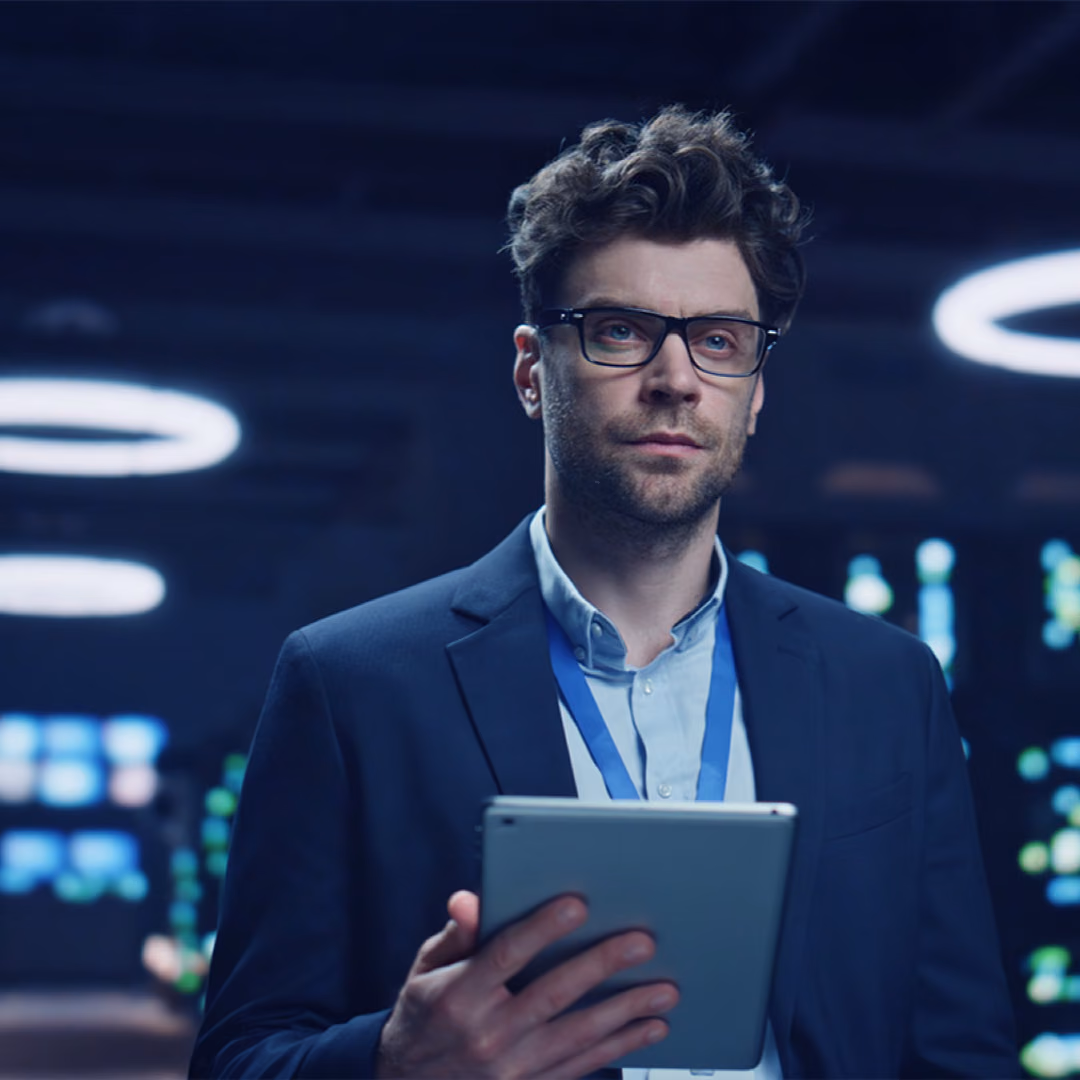 A man in a blazer and lanyard holds a tablet in a dark data centre, rows of status lights and ring lamps behind him.