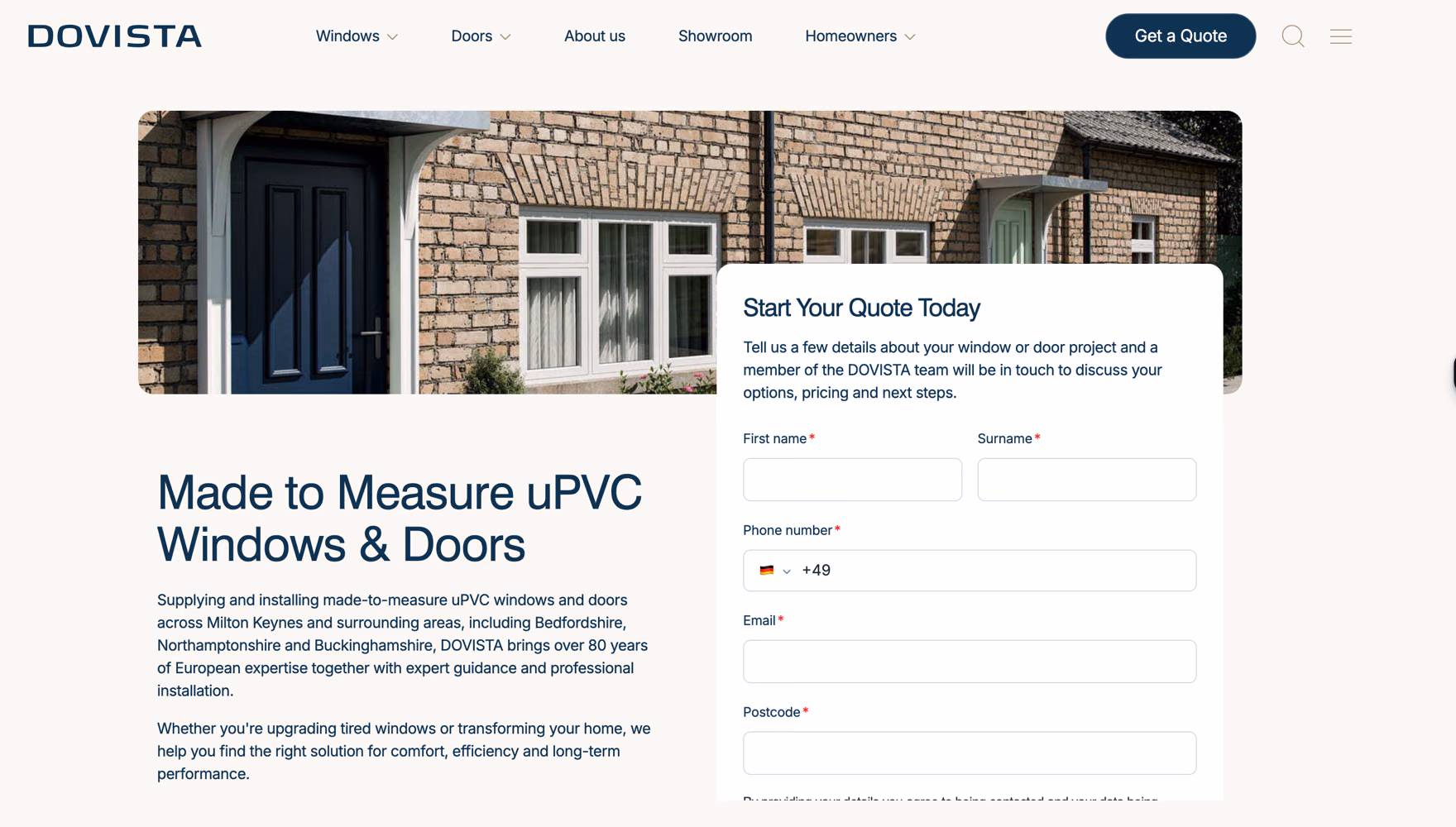 The Get a Quote page on dovista.co.uk, with the quote request form beside the hero image.
