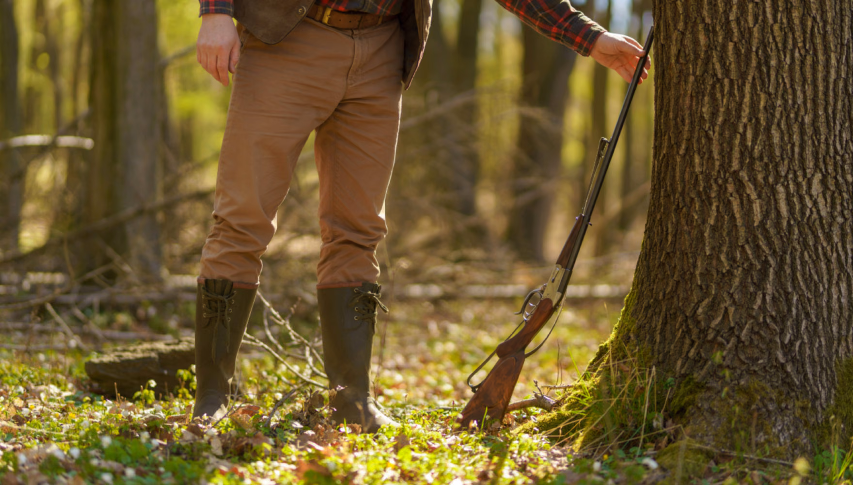 The legs and torso of a hunter standing in a sunlit forest, a broken-open shotgun propped against the tree beside him.