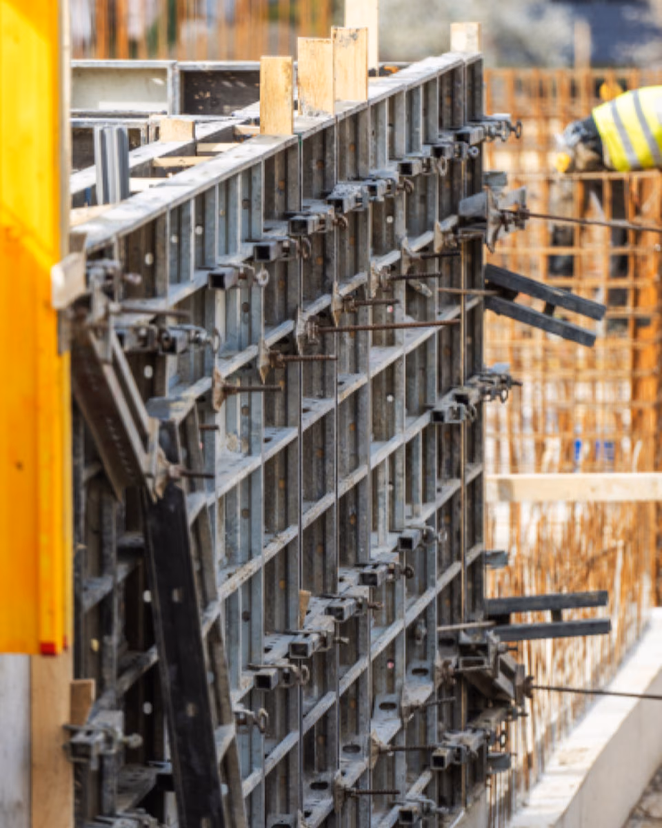 Steel wall formwork panels seen along their edge with tie rods and clamps in a row, a worker in a hi-vis vest out of focus behind.