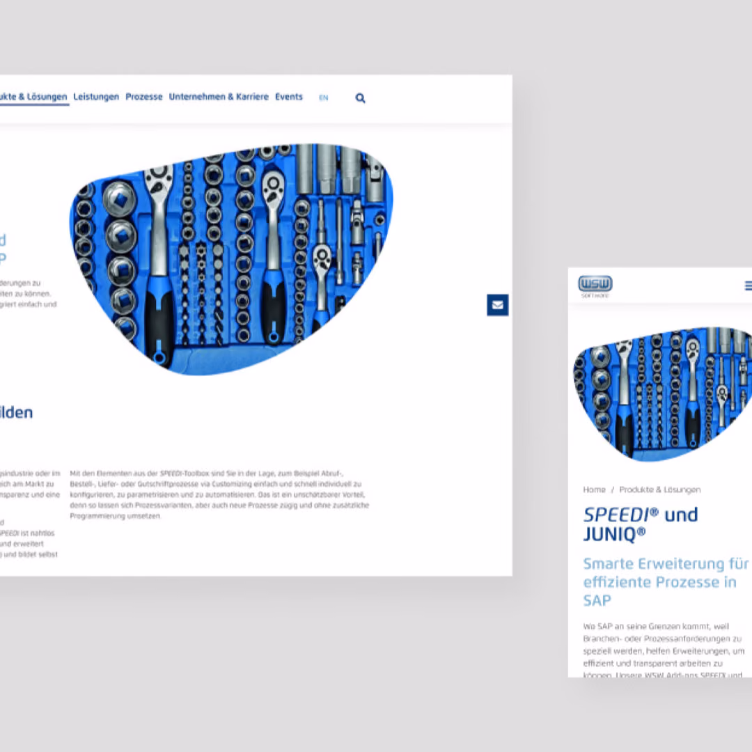 Desktop and mobile views of the WSW Software page for SPEEDI and JUNIQ, illustrated with a blue socket and ratchet set.