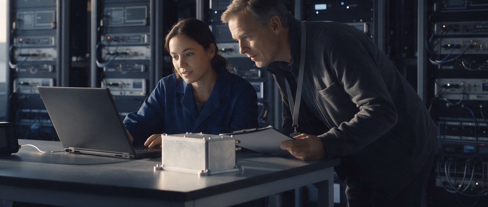 A woman in a dark lab coat turns a laptop towards a man with a clipboard at a test bench in front of tall instrument racks, an aluminium enclosure standing beside the laptop.