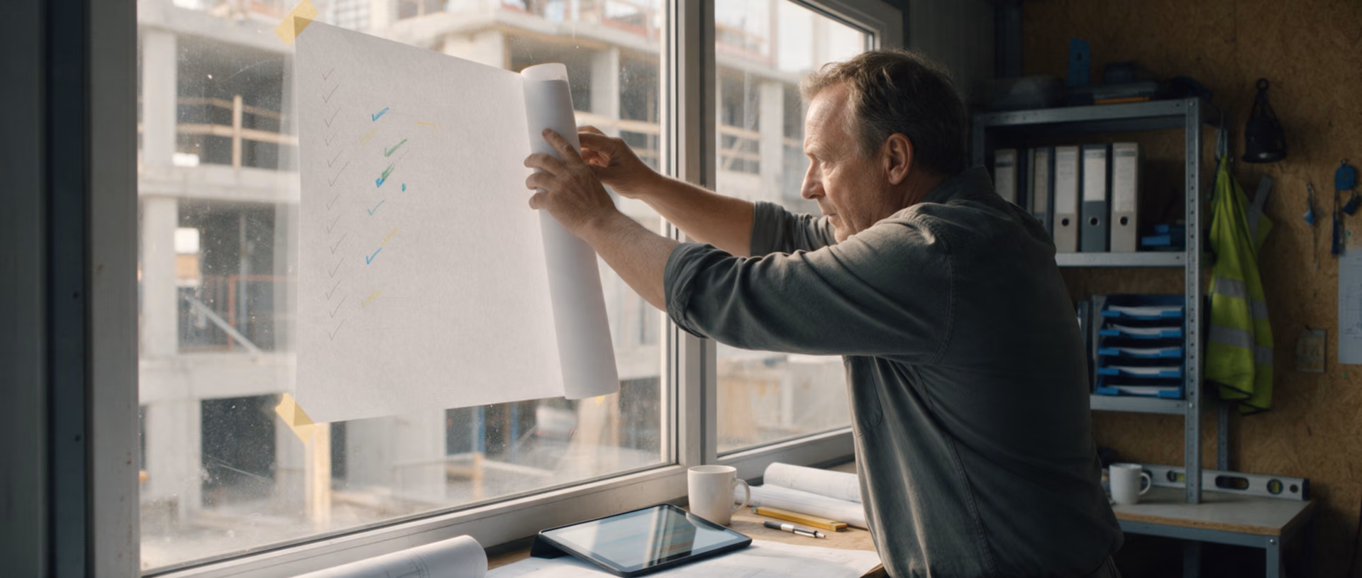 A sheet of paper taped inside the window of a construction site cabin, covered in hand-drawn ticks and marker strokes, with a hand smoothing the curled corner.