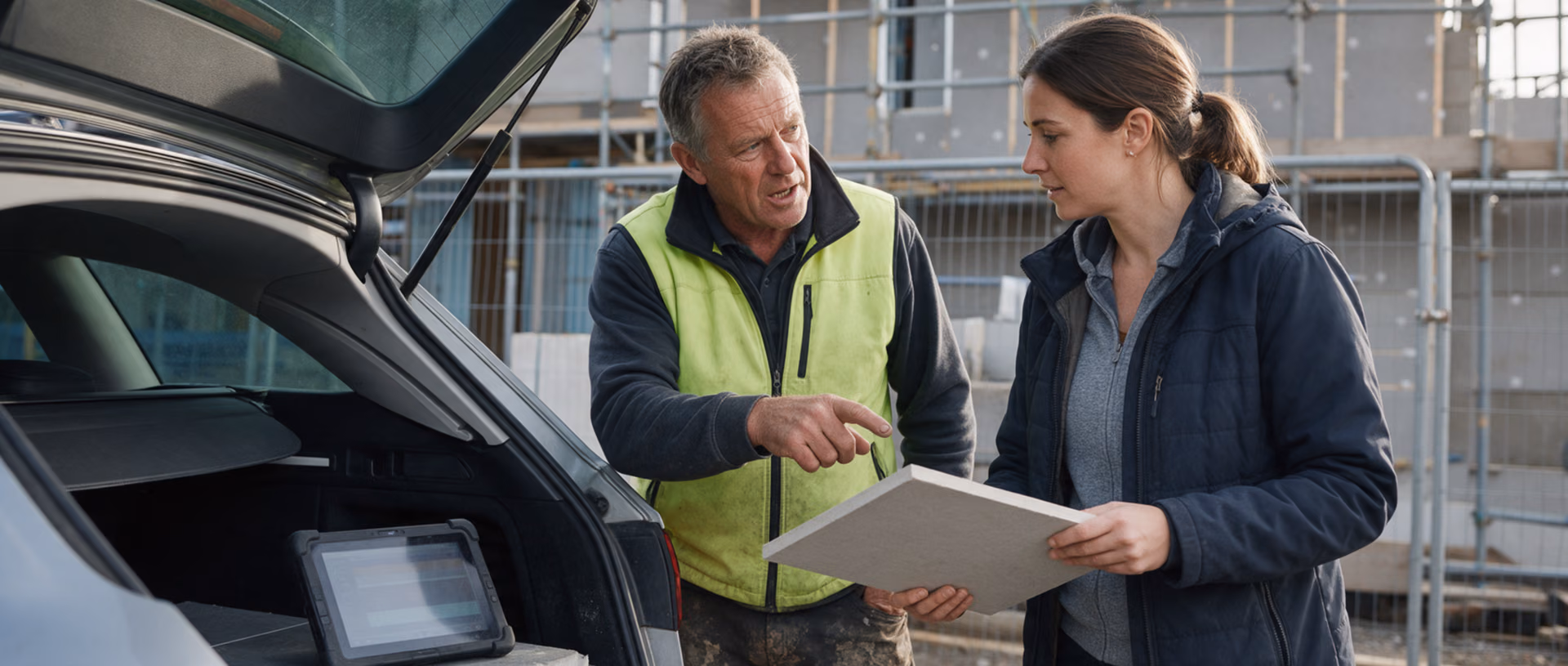 Two sales representatives side by side at the open tailgate of a car by a construction site fence, the older one pointing at the panel offcut the other is holding.