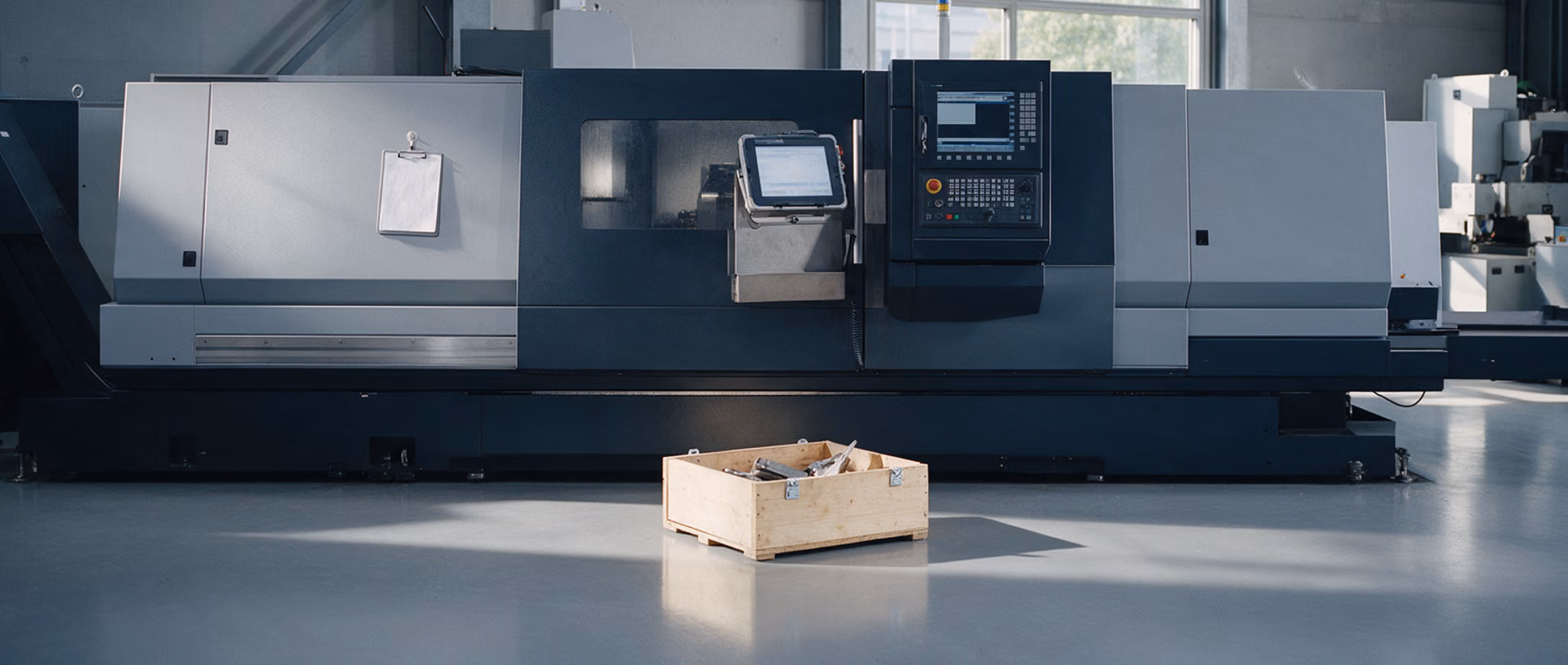A CNC machining centre with a dark control panel, a tablet in a wall holder and a blank clipboard stands in a machine hall, a wooden crate of parts on the floor in front of it.