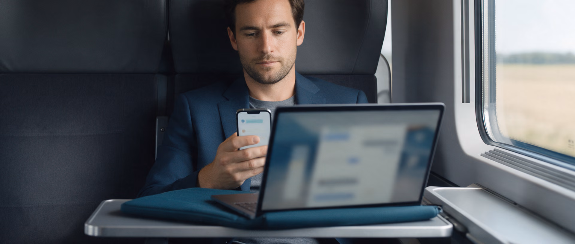 A man in a dark blue jacket reads a message on his smartphone in a train seat, a laptop open on the fold-down table beside a teal laptop sleeve.