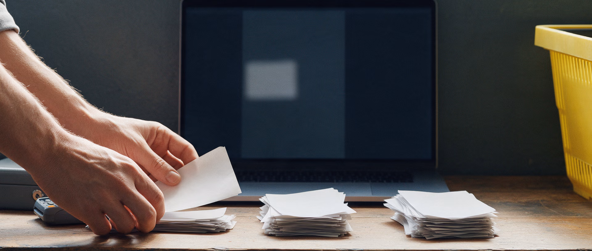 Two hands sort white order slips into three piles on a wooden table in front of a laptop, a card reader and a yellow shopping basket.