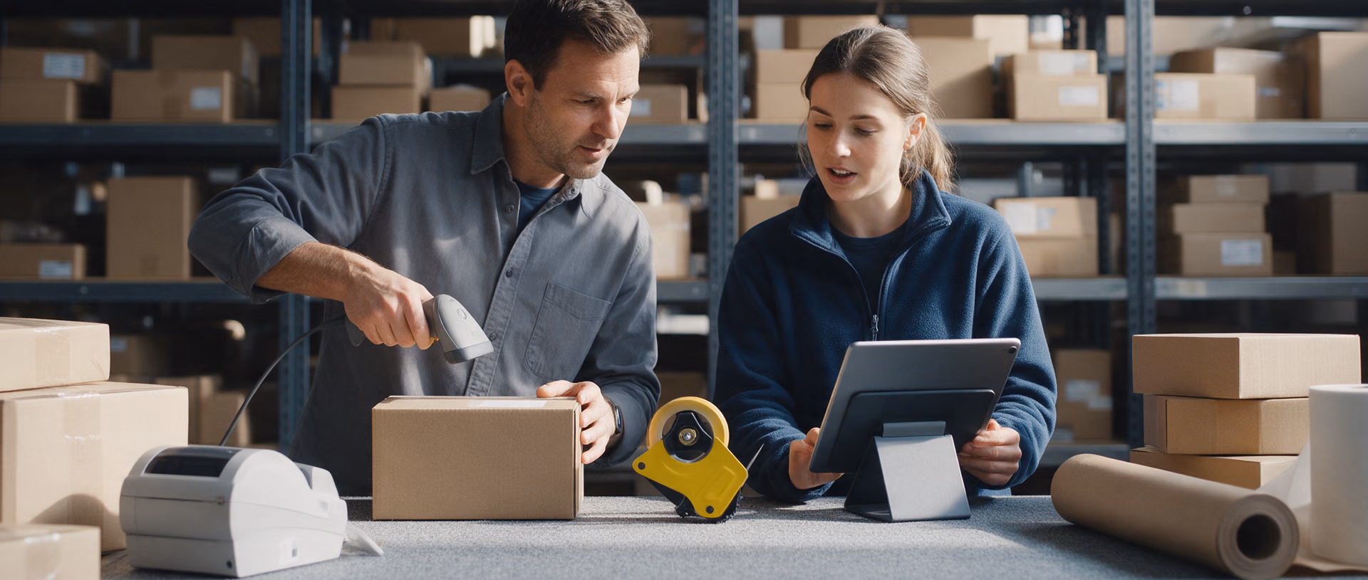 Two colleagues at a warehouse packing bench, one scanning a cardboard box with a handheld scanner while the other reads from a tablet.