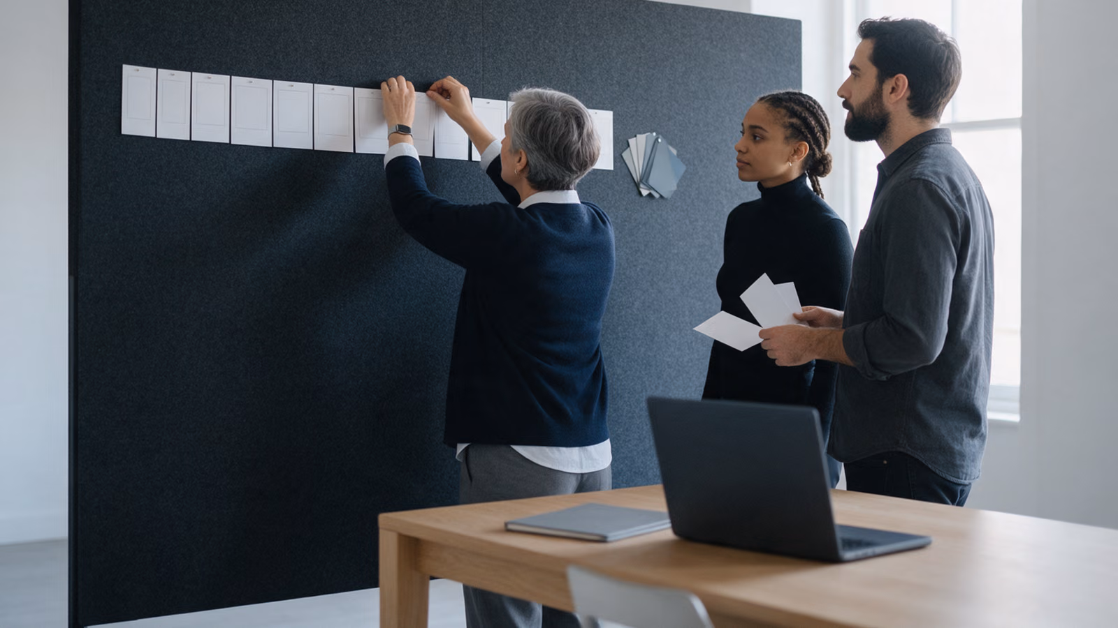 Three colleagues pinning blank layout cards to a dark wall in a project room.