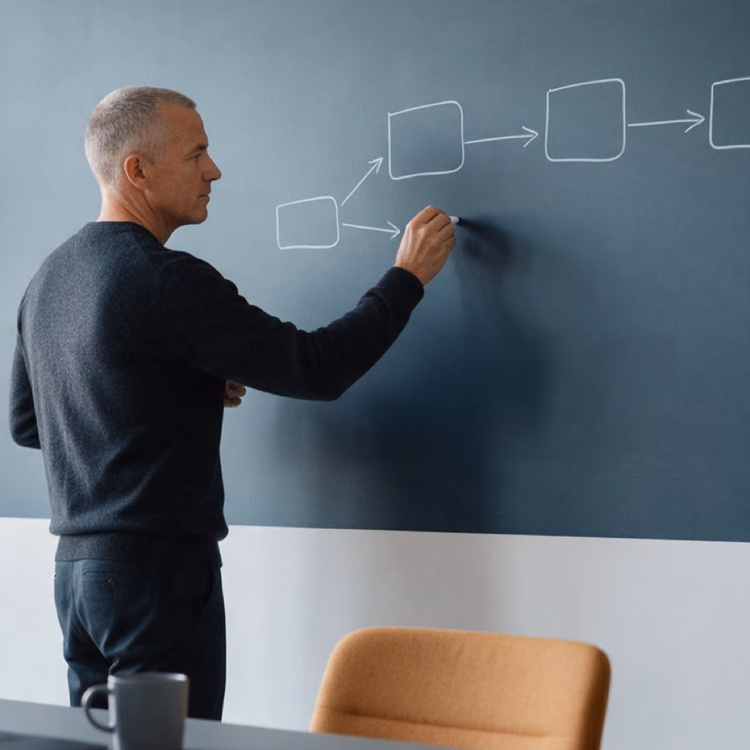 A man draws a chain of connected boxes on a dark slate wall with a marker, an upholstered chair in the foreground.