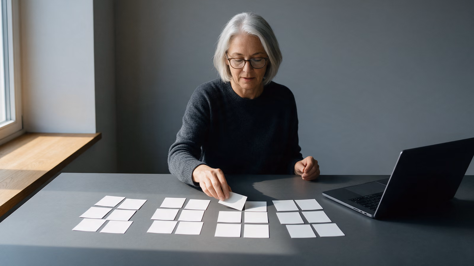 Woman at a table by a window sorting blank index cards into clusters beside a laptop.