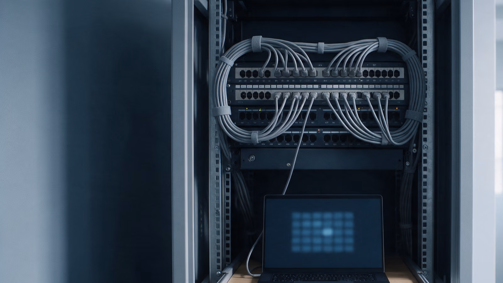 Open network cabinet with a tidily patched panel and a laptop on an oak shelf, connected by a single cable.