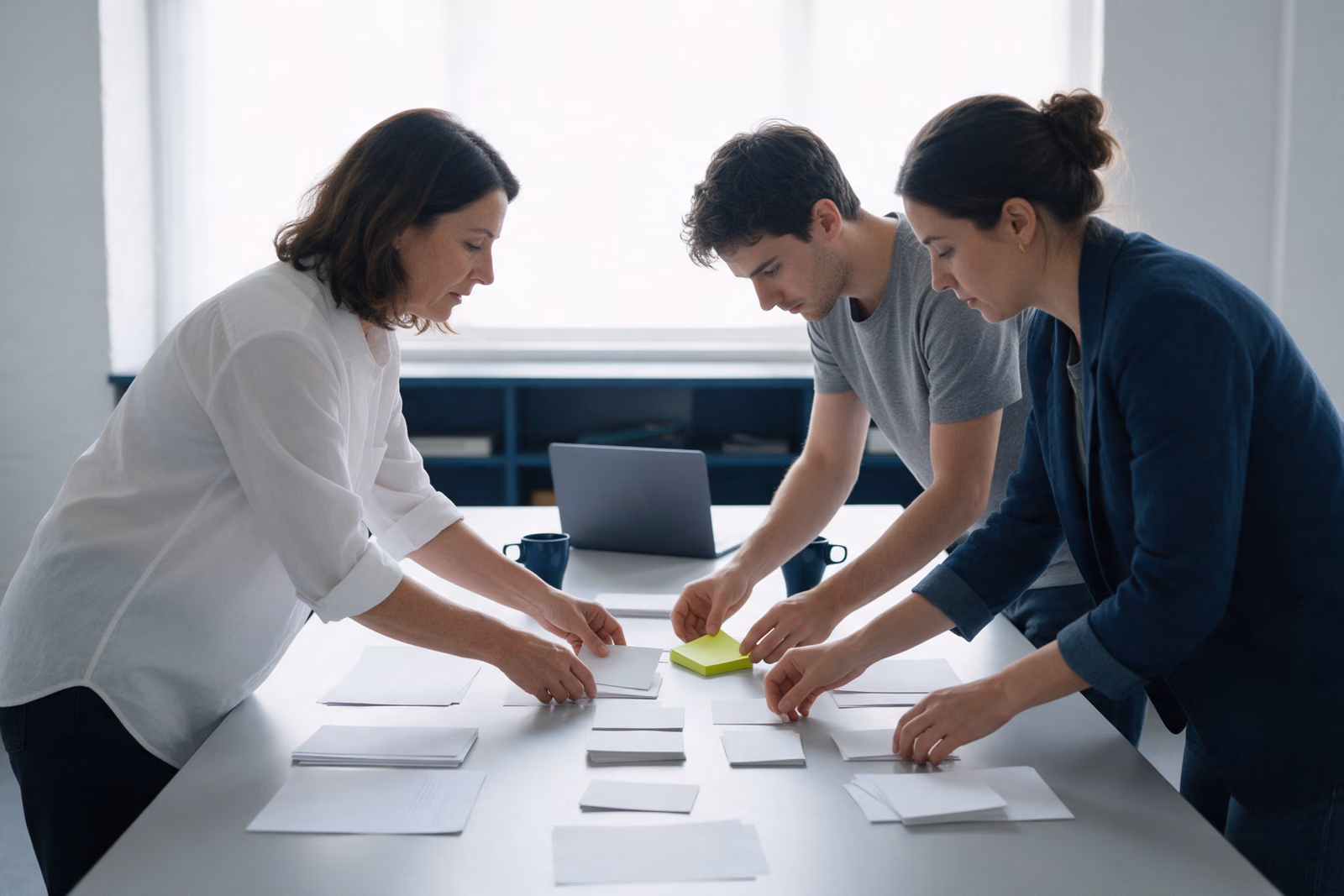 Three colleagues leaning over a wide table and sorting blank cards into columns beside an open pad of lime-yellow sticky notes.
