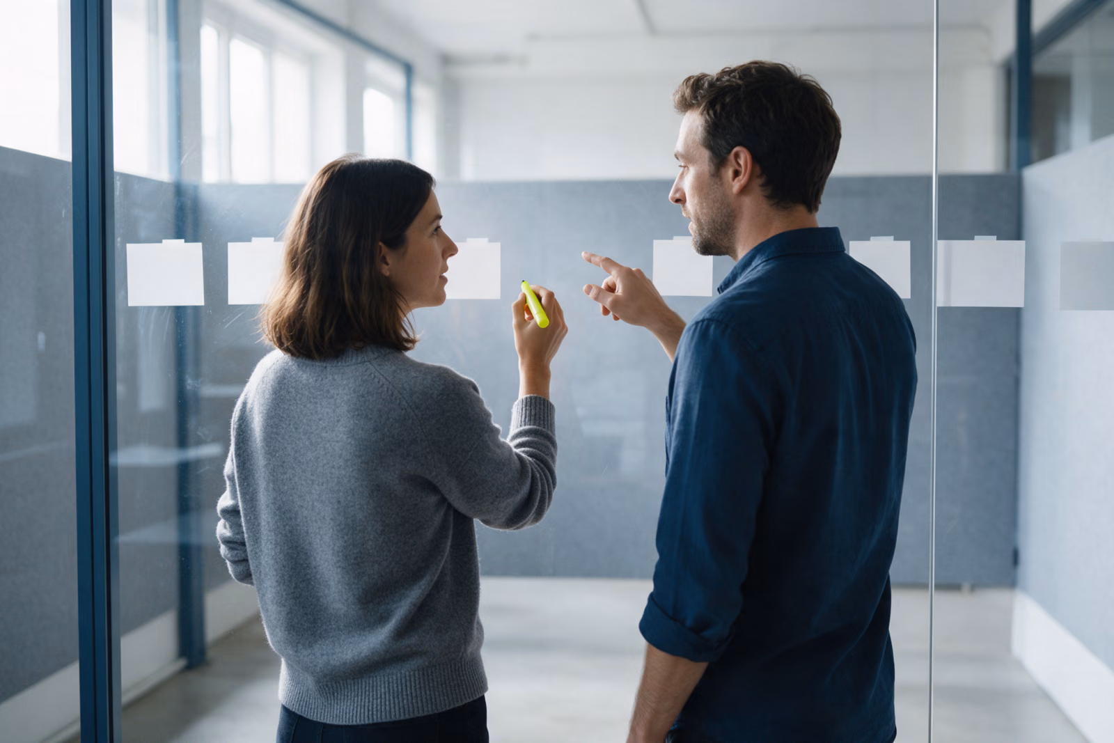 Two colleagues standing at a glass writing wall in a bright project room, one holding a lime-yellow marker while they talk through blank cards taped to the glass.
