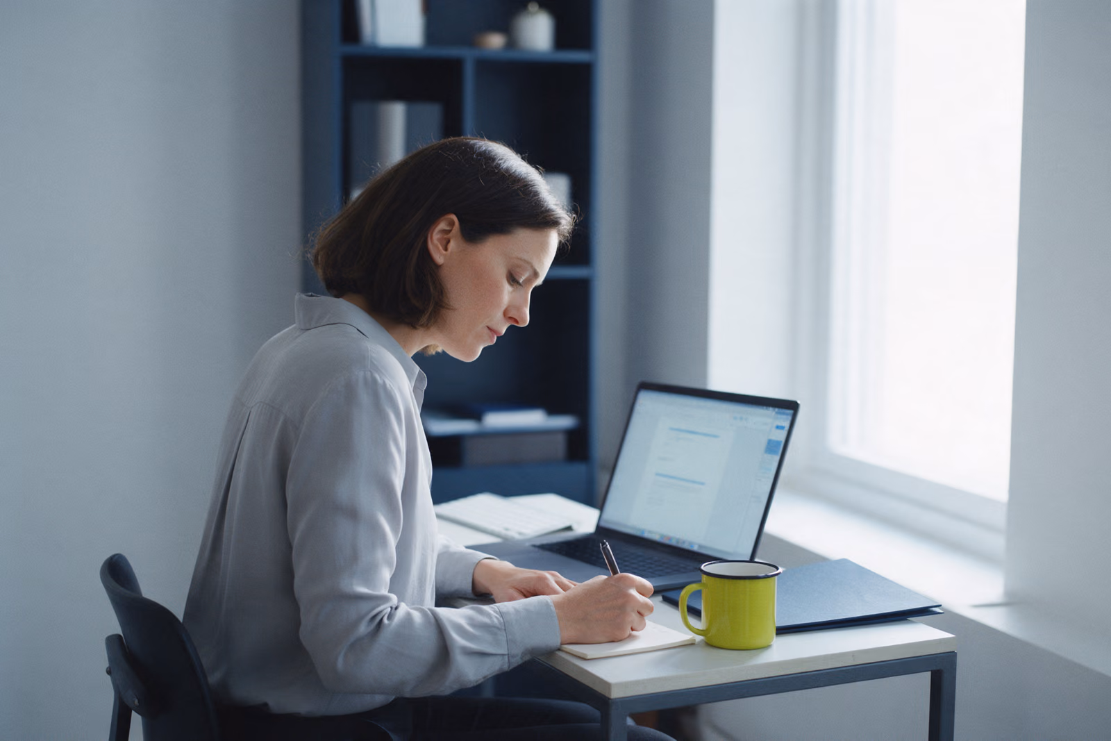 A woman writing a short note on a pad at a small desk beside an open laptop and a lime-yellow enamel mug, daylight from a window on the right.