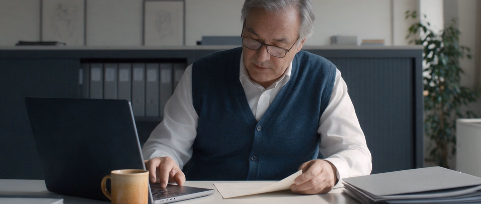 A grey-haired man with reading glasses sits at a desk copying from a sheet lying beside his laptop, a cabinet of binders behind him and a mug next to the keyboard.