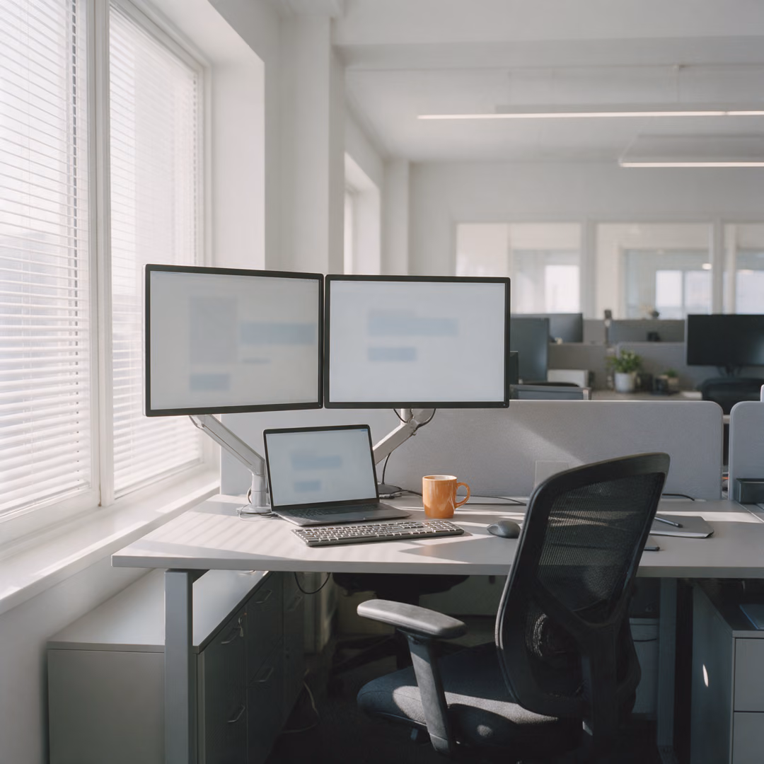 An unoccupied desk by a window with two monitors and a laptop still awake, a grey chair pushed aside and an orange mug beside the keyboard.