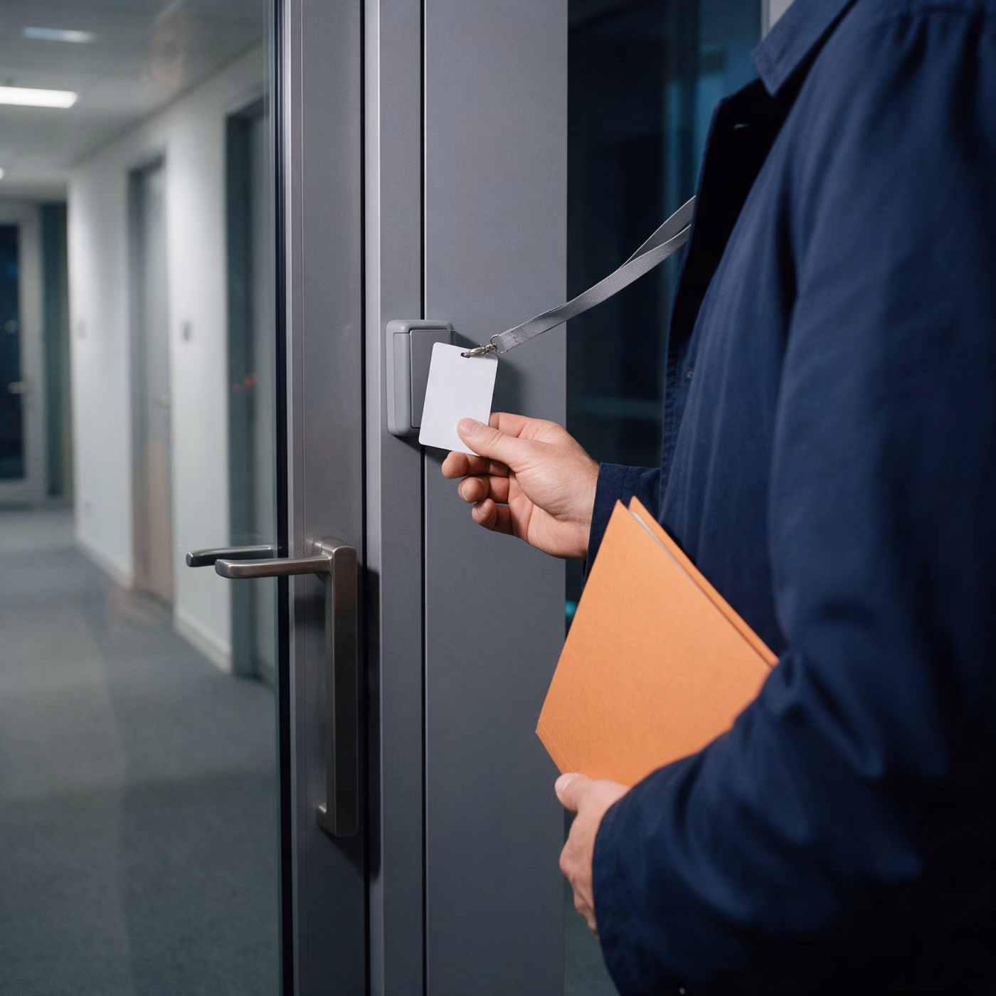 A hand holds a blank white access card on a lanyard to a card reader beside a glass office door at night, an orange folder under the other arm.