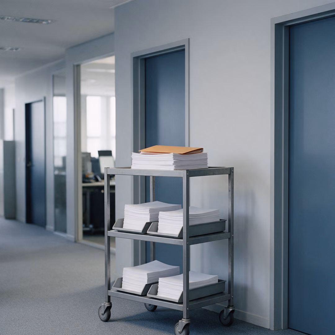 A steel document trolley with trays of paper stands in an office corridor between two blue doors, an orange folder on the top stack.