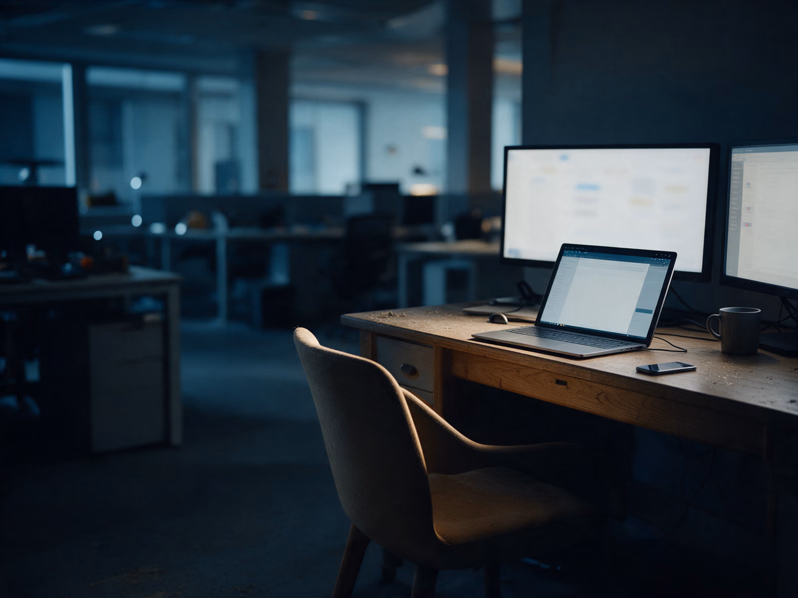 An empty desk after dark, a monitor and a docked laptop still awake, the chair pushed aside.