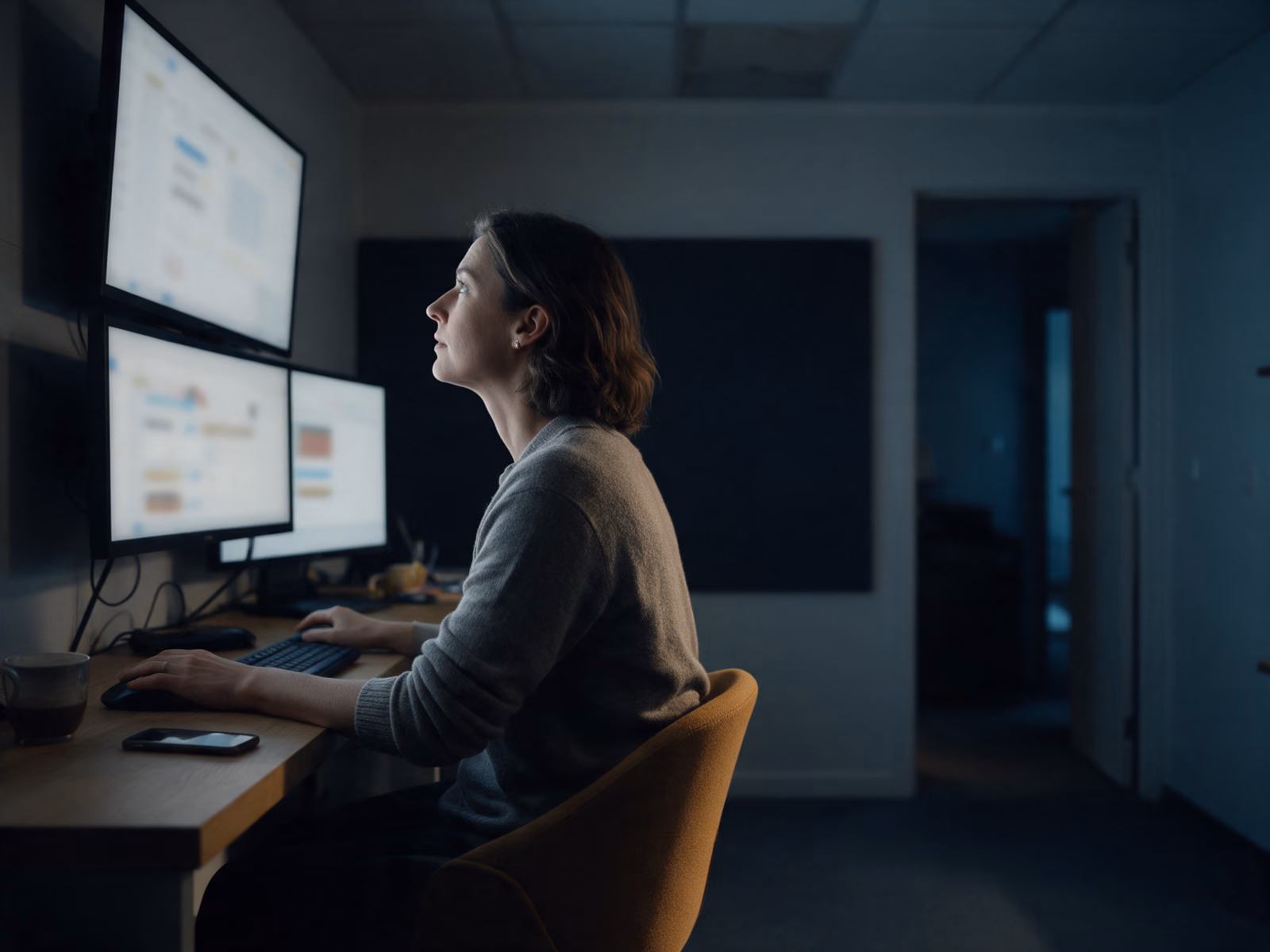 A woman at her desk looking up at large wall-mounted monitors.