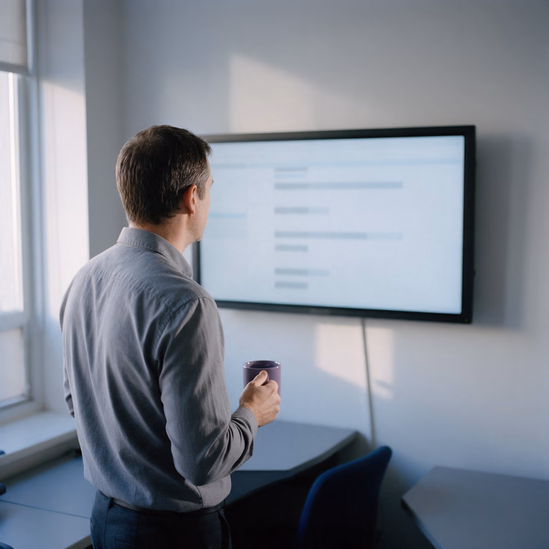 A man with a mug in his hand reading rows of blurred bars on a wall mounted monitor in morning light.