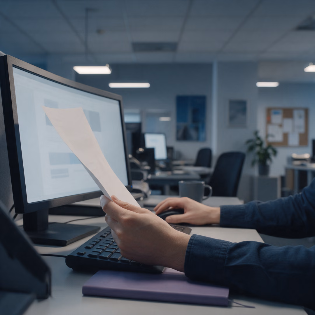 A hand holds a blank printout up beside a monitor showing blurred blocks and bars while the other hand rests on the mouse, a violet notebook under the keyboard.