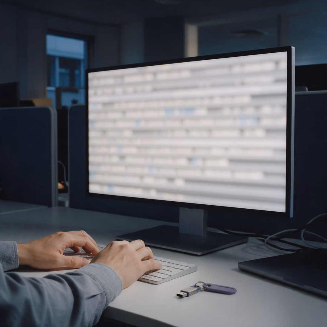 Hands on a keyboard in front of a monitor filled with rows of blurred bars, a small security key lying beside the keyboard.