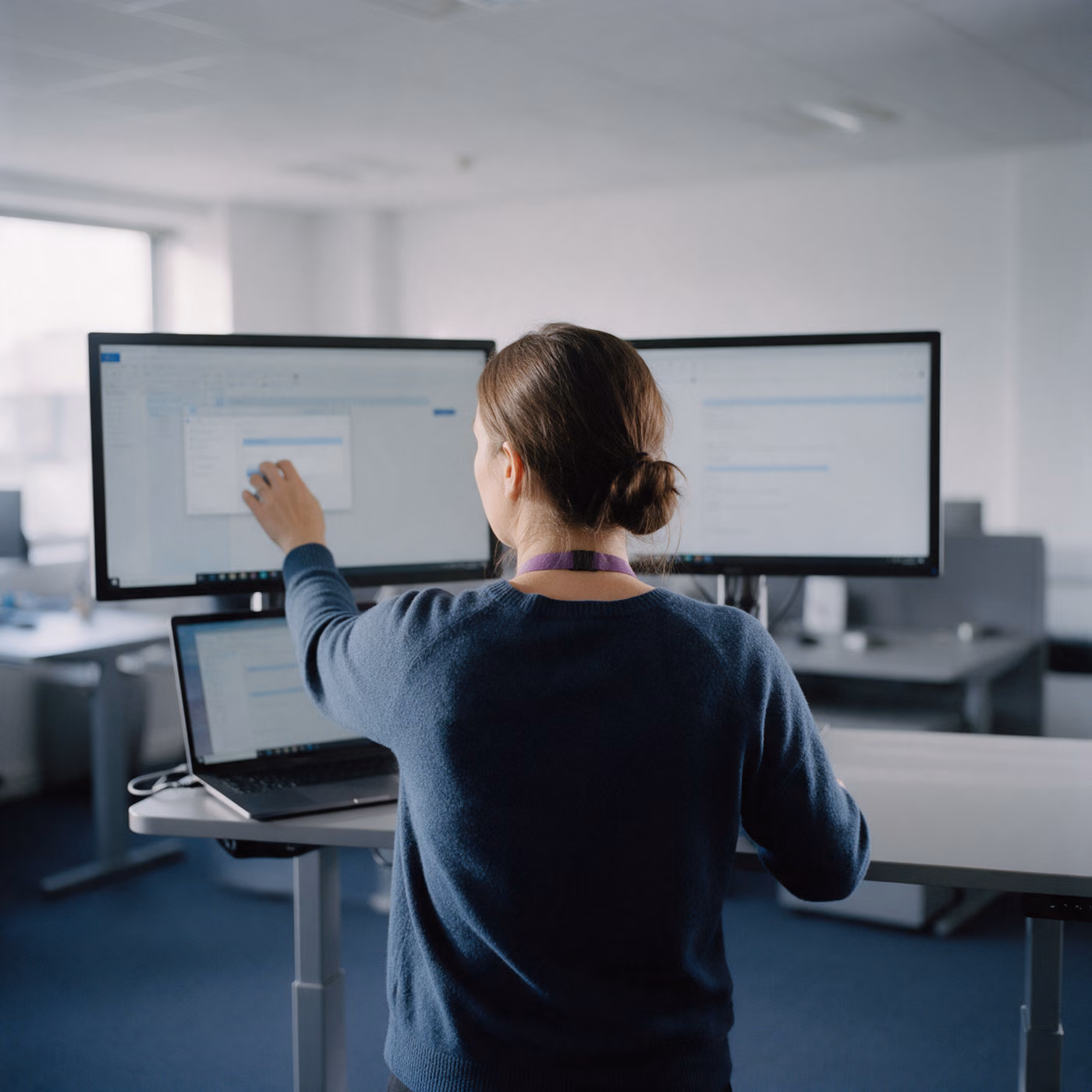 A woman seen from behind at a standing desk with two monitors and a laptop, adjusting a window on the left screen.