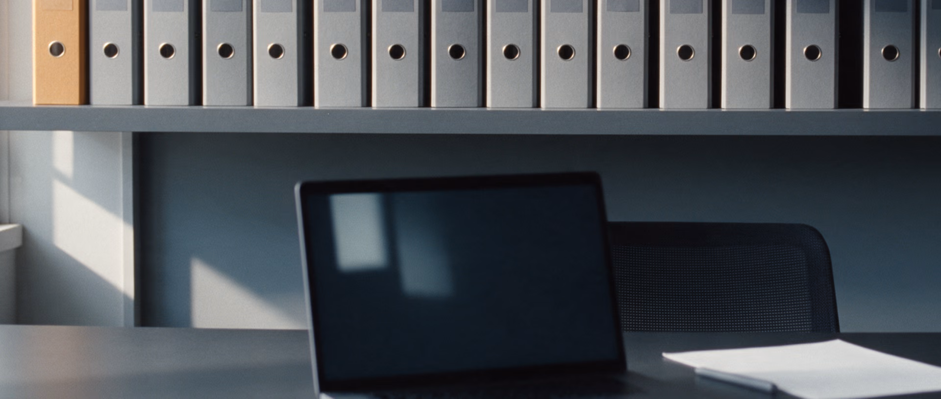 A row of grey binders on a shelf above an unoccupied desk, one binder in amber card at the end of the row, an open laptop below showing a dark screen with a single blurred block.