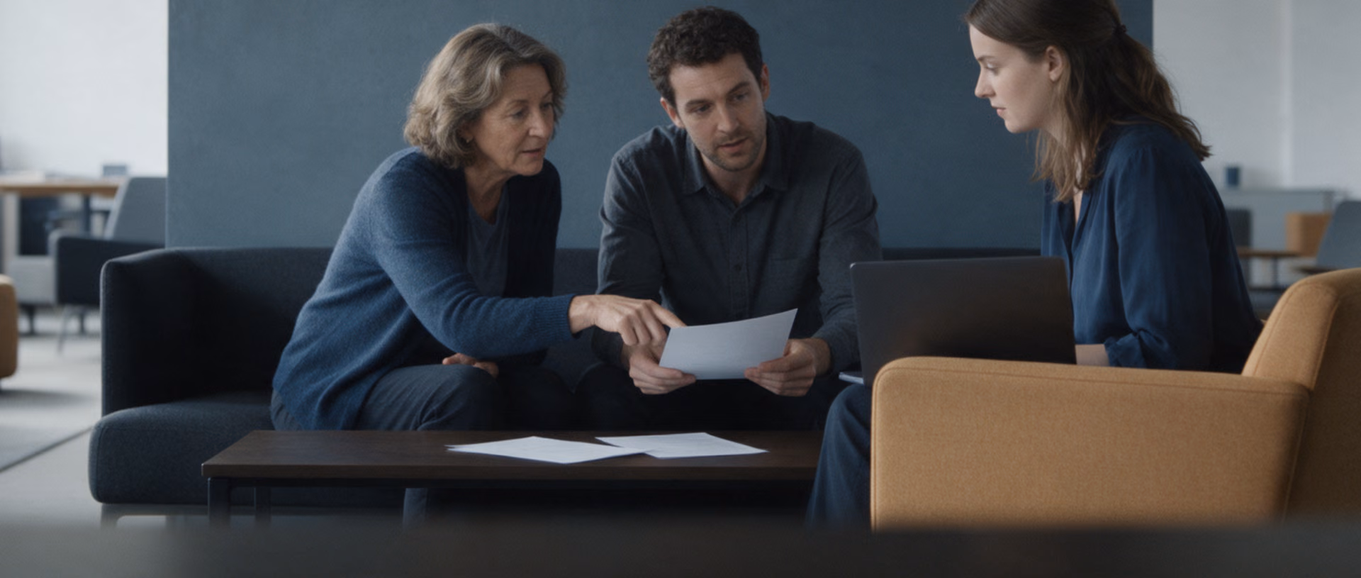 Three colleagues sit around a low table in an office meeting corner, two on a sofa and one in an armchair, looking at a sheet of paper one of them holds up.