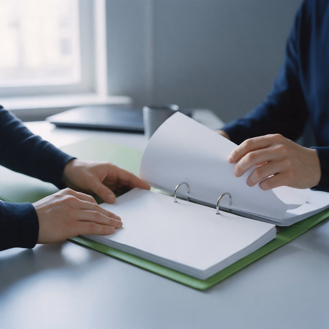Two pairs of hands at a desk turn the blank pages of an open ring binder with a green cover, a window at the left.