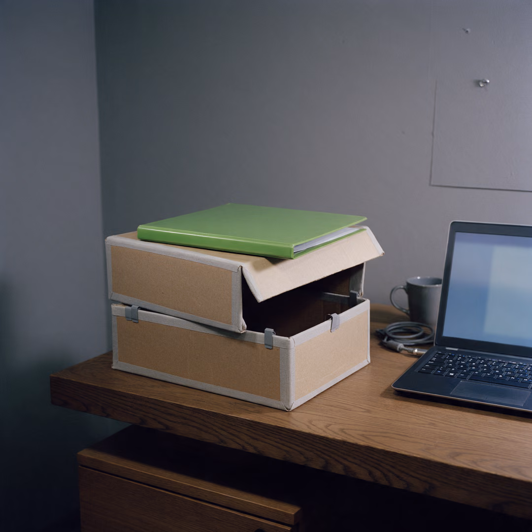 Two stacked archive boxes with a green folder on the lifted lid stand on a dark desk beside an open laptop and a grey mug.