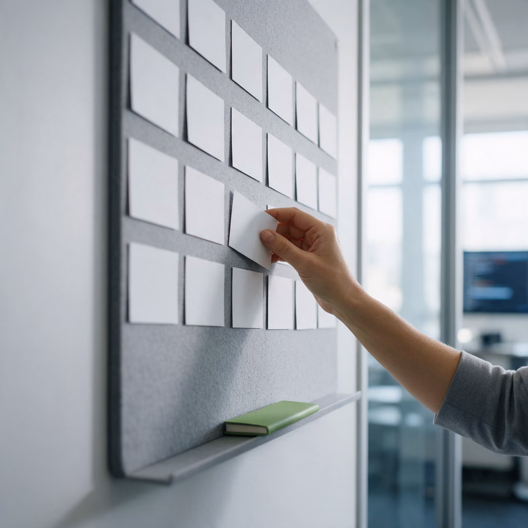 A hand moves a blank card on a felt planning board with rows of blank cards, a green notebook resting on the ledge below.