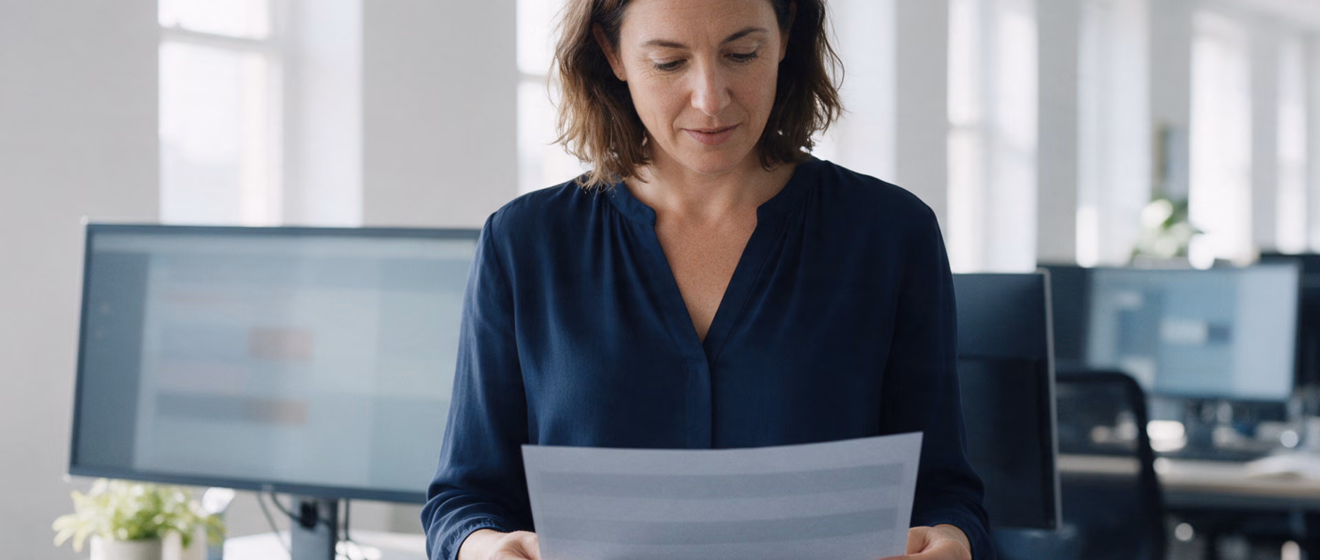 A woman stands at a desk in a bright open-plan office, reading a printed sheet held in both hands, a monitor and a small potted plant beside her.