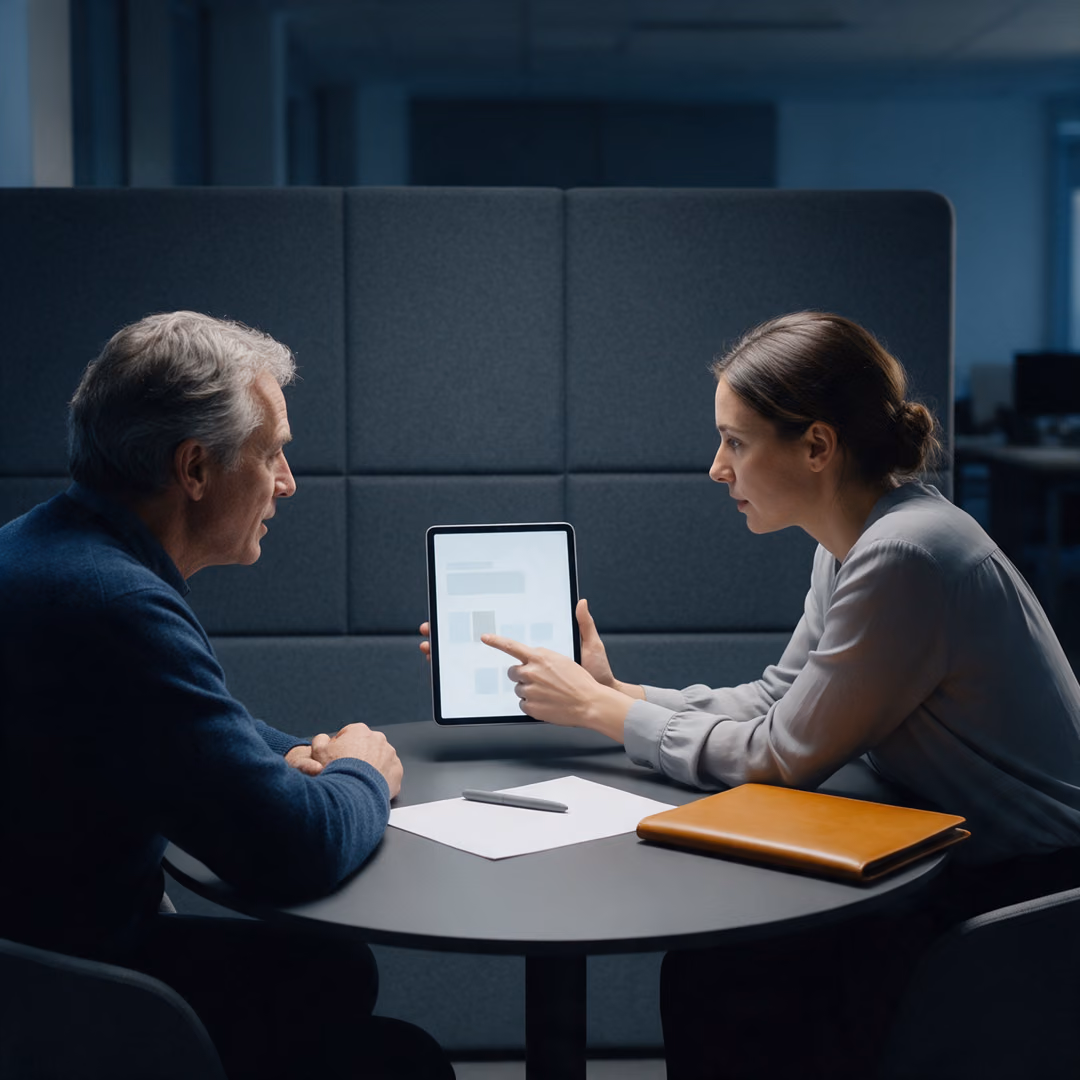 A man and a woman sit across from each other at a small round table in the evening, she holding up a tablet and he pointing at its screen.