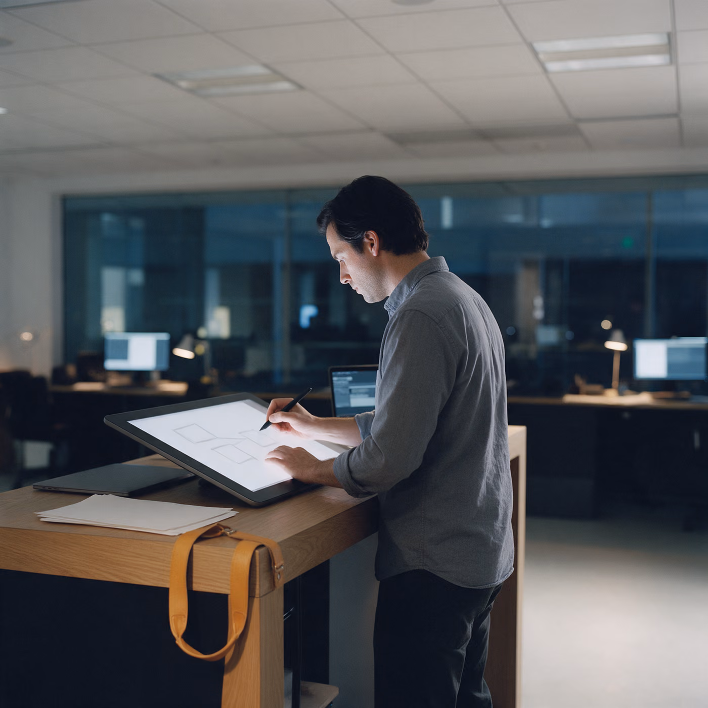 A man draws with a stylus on a large tablet at a standing desk in an office in the evening, a leather strap hanging over the desk corner.