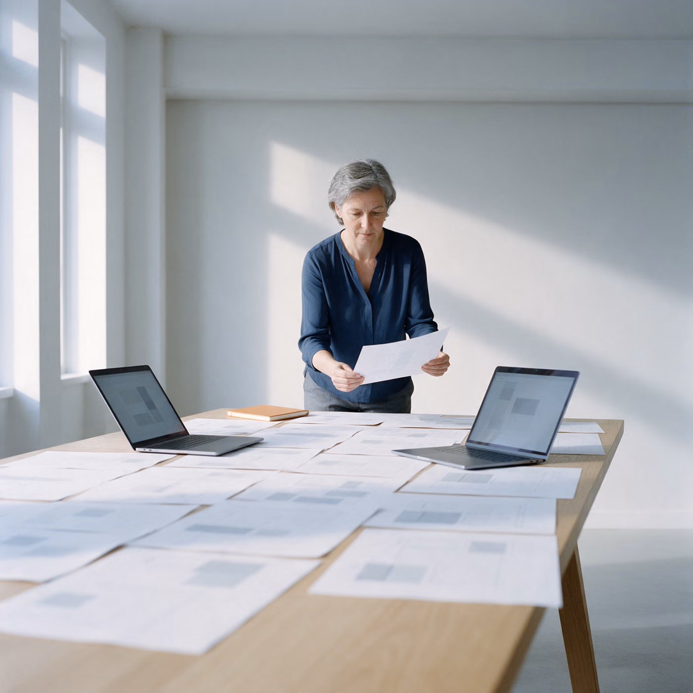 A woman stands behind a long table covered with printed sheets and two open laptops, holding one sheet up to compare it with the layout.