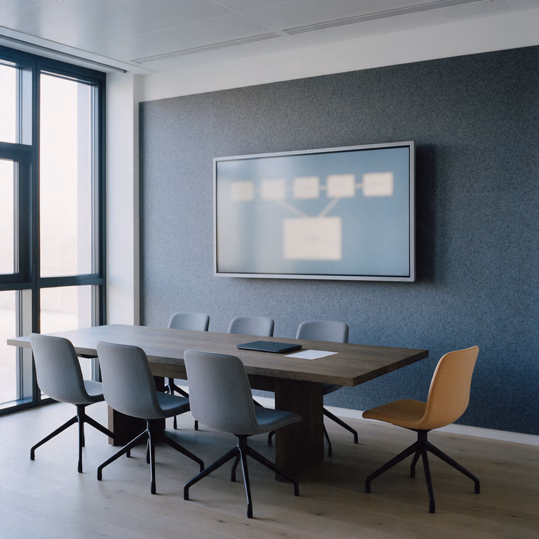 An empty meeting room at first light with a wall display showing a blurred block diagram, grey chairs and one amber chair around a dark table.