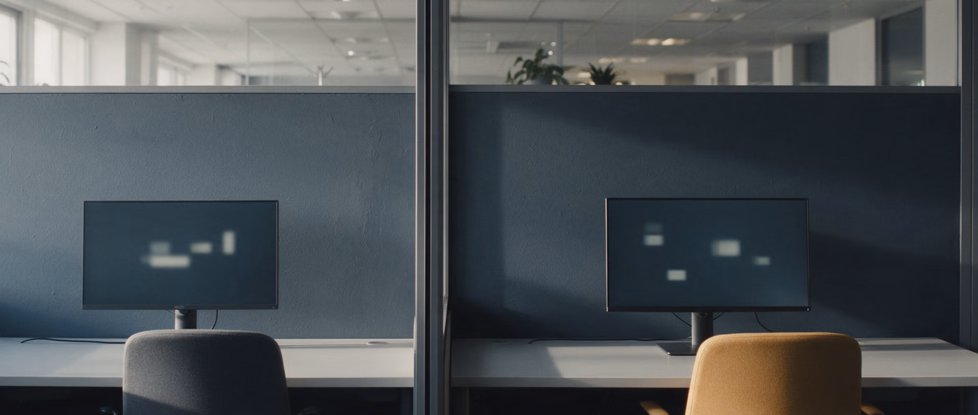 Two empty desks on either side of a glass partition, each with a dark monitor, one chair grey and one amber.
