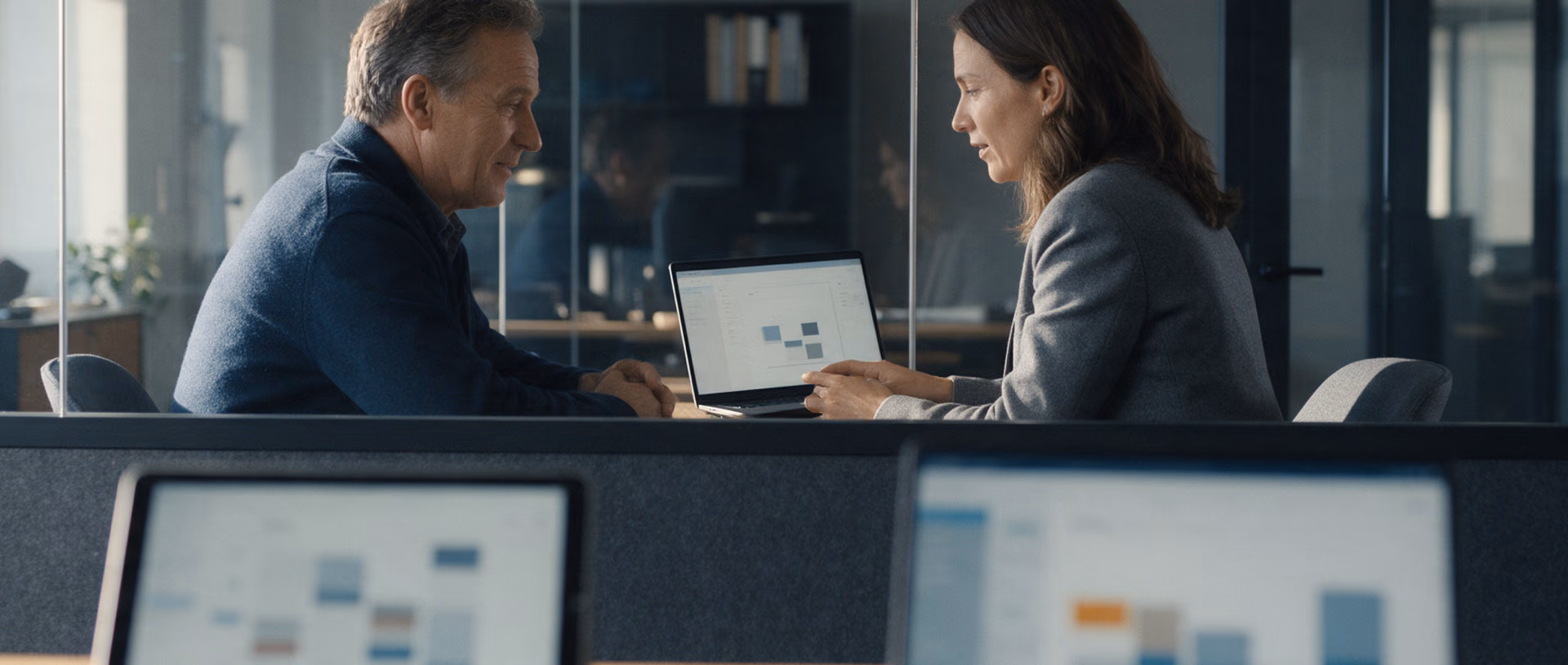 A man and a woman sit across a desk in a glass-walled office looking together at a laptop, with a tablet and a second laptop on the desk in front of them.