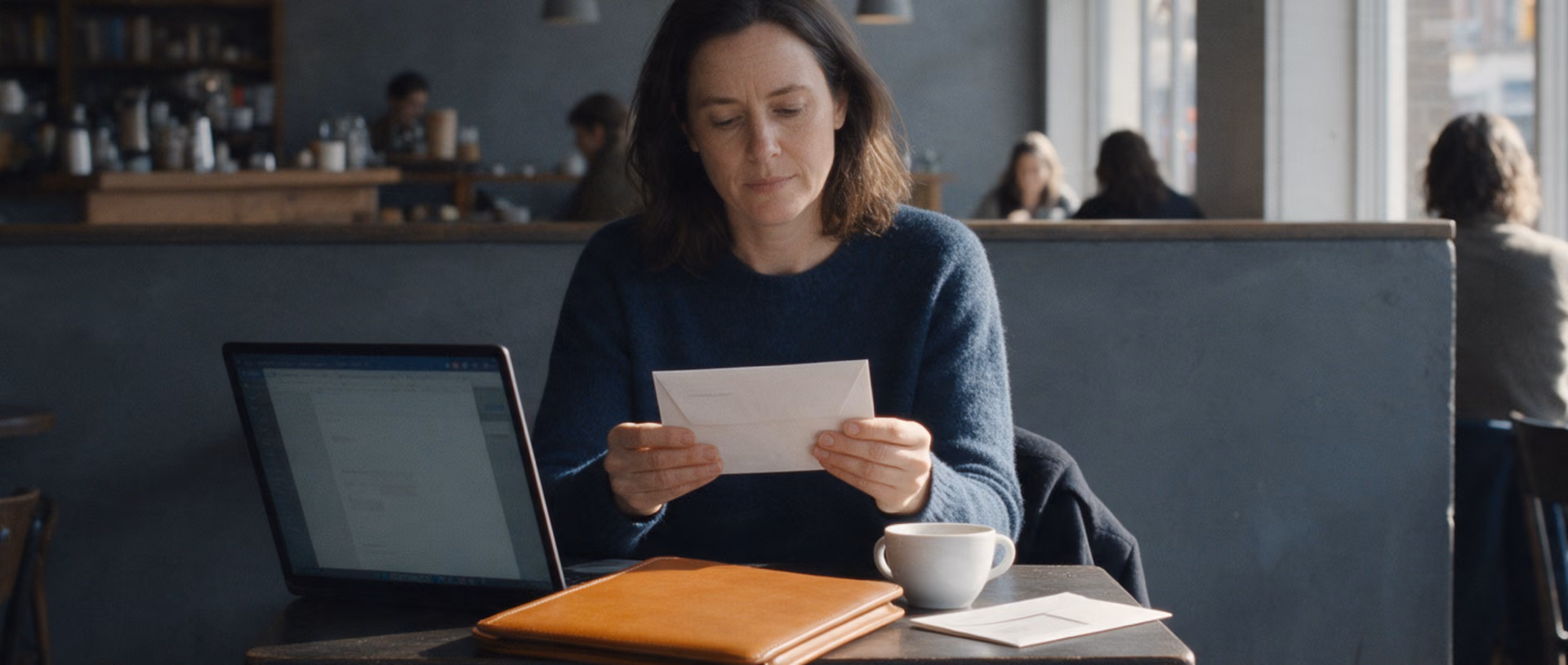 A woman reads a folded letter at a small cafe table, a laptop, a coffee cup and a leather folder in front of her.