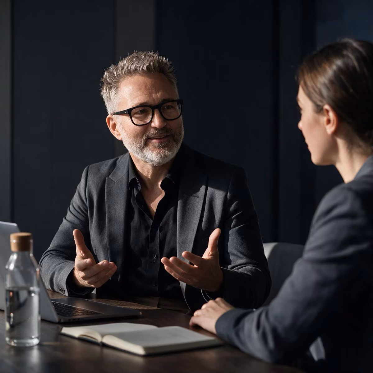 Two people talking across a meeting table.